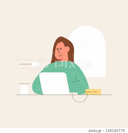 Flat cartoon character illustration of a woman using a computer. 130185774