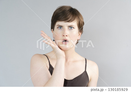 A Young Woman with a Surprised Expression is Showcasing Shock or Disbelief in a Captivating Way 130185929