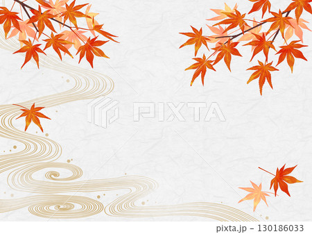 紅葉と水流の和柄　水彩風　背景　 130186033