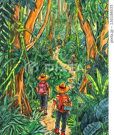 ジャングルを進む探検隊の風景 130186035