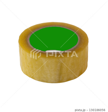 Roll of transparent adhesive tape tape yellow tint on isolated transparent white background, insulated inside of bobbin in green color to add advertising lettering, branding. Blank for advertising. Roll of transparent adhesive tape tape yellow tint on isolated transparent white background, insulated inside of bobbin in green color to add advertising lettering, branding. Blank for advertising. 130186056