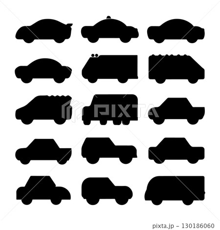 Silhouette collection of various vehicle types arranged in a grid layout showcasing diversity in transportation 130186060