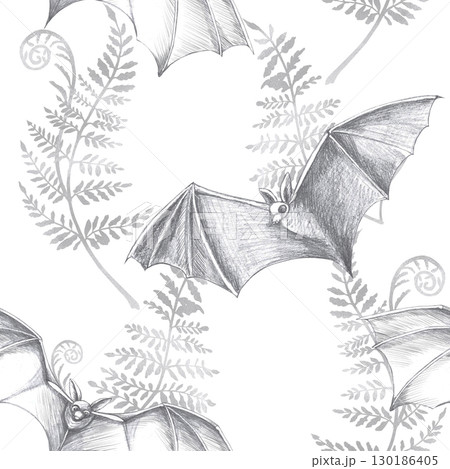 Seamless pattern with curved fern leaves and bats. Pencil illustration is made by hand on the theme of Halloween for interior design, printing on wallpaper, fabric, textile, packaging. 130186405