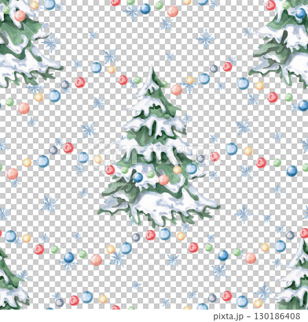 Seamless pattern with Christmas trees, snowflakes and garlands. New Year's watercolor illustration for decorating holiday packaging, interiors, printing on fabric, invitations Seamless pattern with Christmas trees, snowflakes and garlands. New Year's watercolor illustration for decorating holiday packaging, interiors, printing on fabric, invitations 130186408