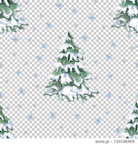 Seamless pattern with Christmas trees on snowflakes background. Watercolor illustration on Christmas theme for holiday packaging, interiors, printing on fabric, posters, invitations. 130186409