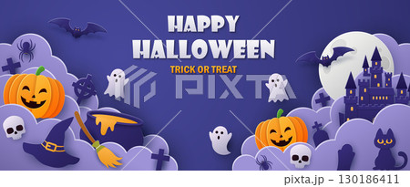 Happy Halloween banner design. Paper art style Happy Halloween banner design. Paper art style 130186411