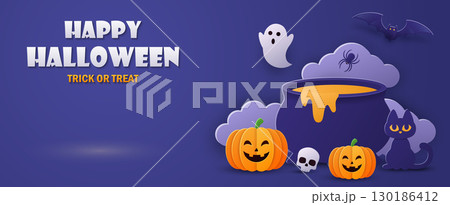 Happy Halloween banner with cute pumpkins, ghosts, bats and cauldron. Paper cut style 130186412