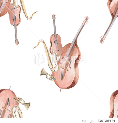 Seamless pattern with a quartet of musical instruments. Watercolor illustration on the theme of music for the design of holiday packaging, interiors, printing on fabric, posters, invitations. Seamless pattern with a quartet of musical instruments. Watercolor illustration on the theme of music for the design of holiday packaging, interiors, printing on fabric, posters, invitations. 130186414