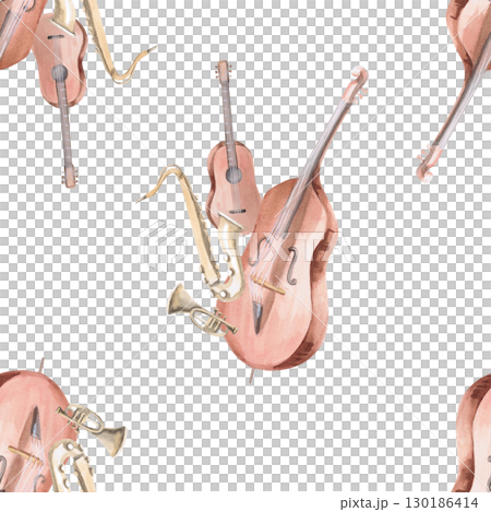 Seamless pattern with a quartet of musical instruments. Watercolor illustration on the theme of music for the design of holiday packaging, interiors, printing on fabric, posters, invitations. Seamless pattern with a quartet of musical instruments. Watercolor illustration on the theme of music for the design of holiday packaging, interiors, printing on fabric, posters, invitations. 130186414