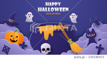 Halloween background with cauldron, ghost, pumpkin and bats. Paper cut style 130186415