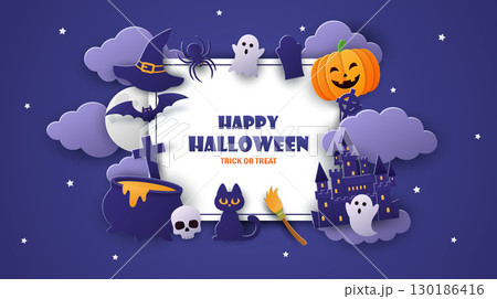 Happy Halloween banner design in paper cut style Happy Halloween banner design in paper cut style 130186416