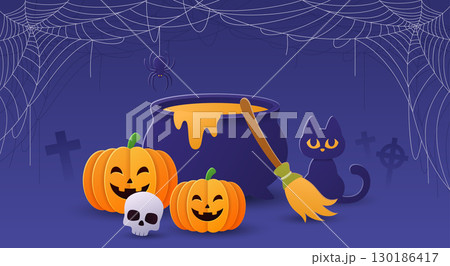 Halloween background with pumpkins, cauldron and spider web Halloween background with pumpkins, cauldron and spider web 130186417