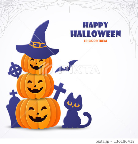 Halloween background with pumpkins, cat, bats and spider web Halloween background with pumpkins, cat, bats and spider web 130186418