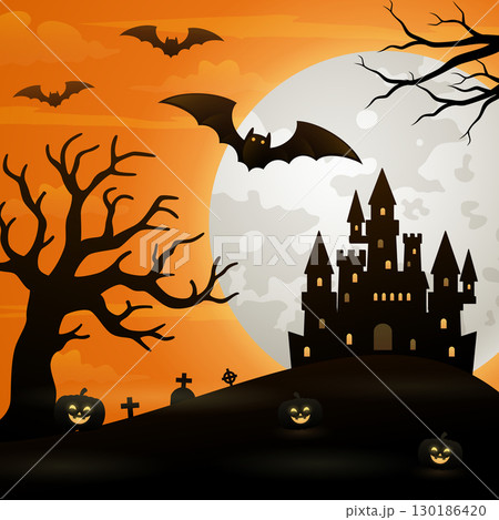 Halloween night background with castle, bats, trees and full moon 130186420