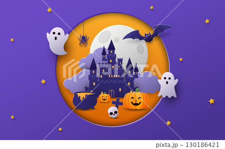 Halloween background with castle, ghost, pumpkin, bat and moon. Paper art style Halloween background with castle, ghost, pumpkin, bat and moon. Paper art style 130186421