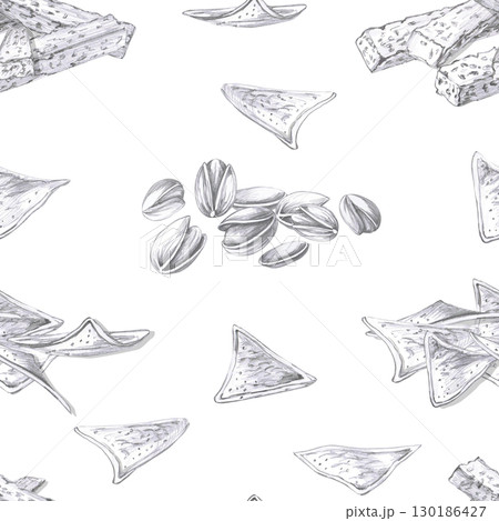 Seamless pattern with various beer snacks. Pencil illustration on the theme of beer for decorating the interior of bars, menus, packaging, beer festivals and parties. 130186427