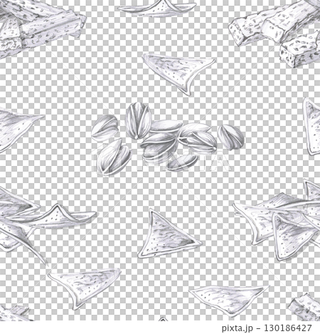 Seamless pattern with various beer snacks. Pencil illustration on the theme of beer for decorating the interior of bars, menus, packaging, beer festivals and parties. 130186427