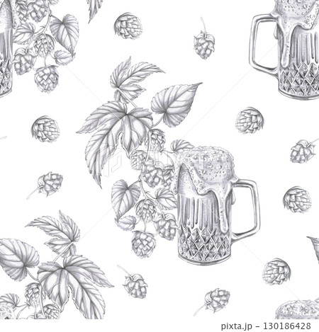 Seamless pattern with a glass of foamy beer and hops. Pencil illustration on the theme of beer for decorating the interior of bars, menus, packaging, beer holidays and parties. 130186428