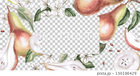 Rectangular frame with juicy parts and seeds of pear. Isolated watercolor illustration of fruits for product line design, kitchenware design, seasonal menu, postcards, textiles, clothing printing. 130186429
