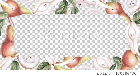 Rectangular frame with juicy parts of pear. Isolated watercolor illustration of fruits for product line design, kitchenware design, seasonal menu, postcards, textiles, clothing printing. 130186430