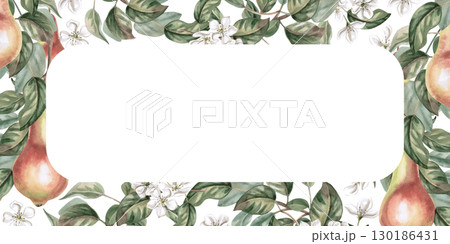 Rectangular frame with juicy ripe pears on flowering branches. Isolated watercolor illustration of fruits for product line design, kitchenware design, seasonal menu, postcards, textiles, clothing . 130186431