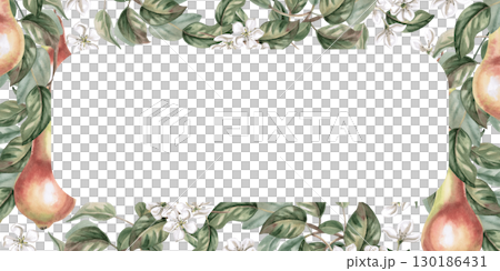 Rectangular frame with juicy ripe pears on flowering branches. Isolated watercolor illustration of fruits for product line design, kitchenware design, seasonal menu, postcards, textiles, clothing . 130186431