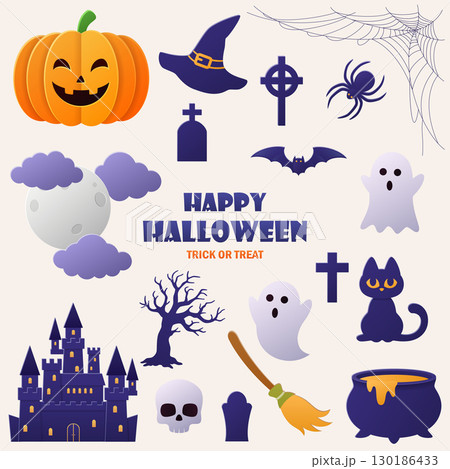 Halloween icons set in paper cut style 130186433
