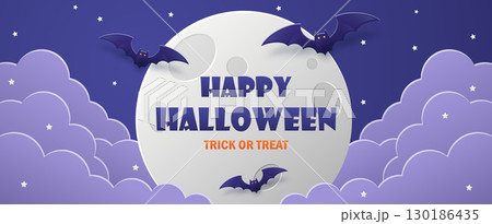 Halloween background with bats and full moon in paper cut style 130186435
