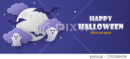 Halloween background with ghost and bats. Paper cut style 130186436
