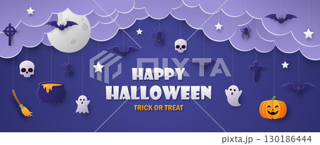 Happy Halloween banner design. Paper art style Happy Halloween banner design. Paper art style 130186444