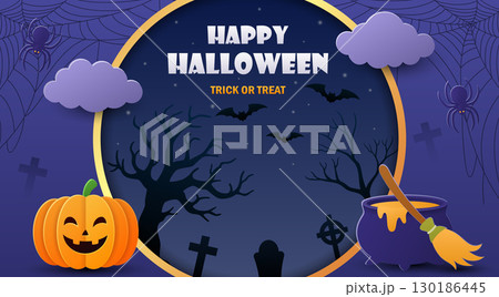 Halloween background with pumpkins, cauldron, bats, cemetery, cemetery, gravestone Halloween background with pumpkins, cauldron, bats, cemetery, cemetery, gravestone 130186445