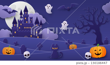 Halloween background with castle, ghosts and pumpkins. Paper art style Halloween background with castle, ghosts and pumpkins. Paper art style 130186447
