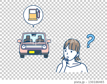 Illustration of a woman thinking about how to fill up her car with gas 130186465