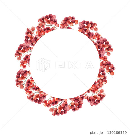 Watercolor frame, logo, template with bunch of rowan berries. Botanical hand drawn illustration isolated on background. Ideal for seasonal, halloween, forest, or nature-themed designs. Rustic foliage 130186559