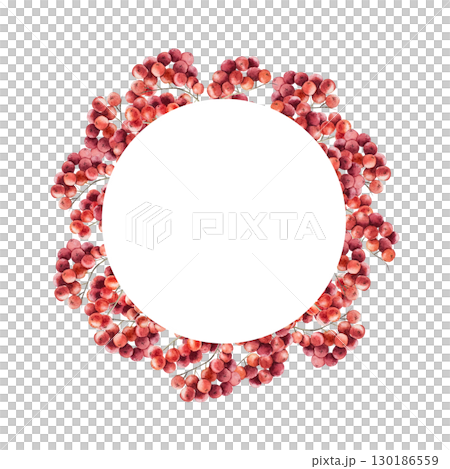 Watercolor frame, logo, template with bunch of rowan berries. Botanical hand drawn illustration isolated on background. Ideal for seasonal, halloween, forest, or nature-themed designs. Rustic foliage 130186559
