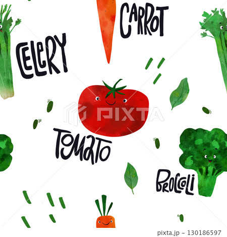 Adorable hand-drawn celery, tomato, carrot seamless pattern with happy faces, perfect for kids' books, educational tools, playful kitchen. colorful child-friendly illustration with hand lettering. 130186597