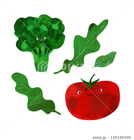 Watercolor illustration set of happy vegetables with cute faces: broccoli, tomato, salad leaves. Perfect for children's books, educational materials, healthy eating posters, or nursery decor Watercolor illustration set of happy vegetables with cute faces: broccoli, tomato, salad leaves. Perfect for children's books, educational materials, healthy eating posters, or nursery decor 130186599