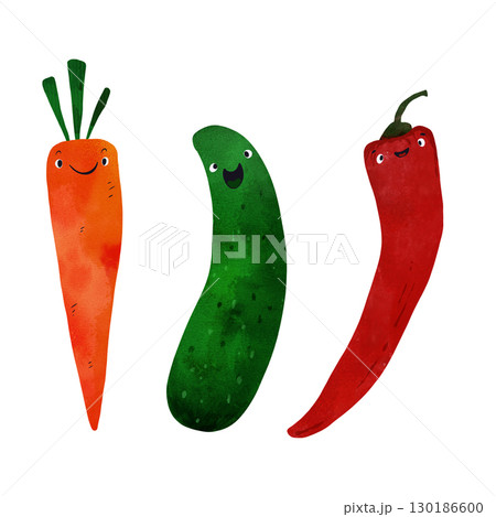 Watercolor illustration set of happy vegetables with cute faces: carrot, cucumber, pepper. Perfect for children's books, educational materials, healthy eating posters, or nursery decor Watercolor illustration set of happy vegetables with cute faces: carrot, cucumber, pepper. Perfect for children's books, educational materials, healthy eating posters, or nursery decor 130186600