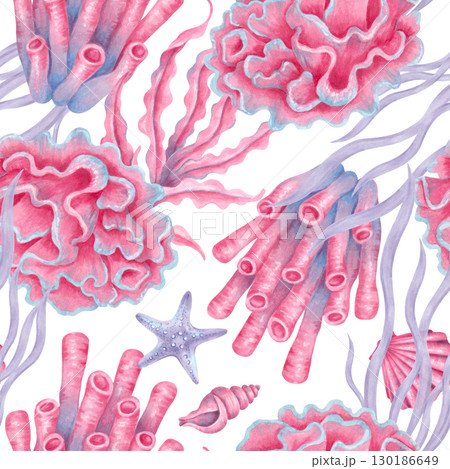 Seamless sea pattern of coral, shell, seaweed with starfish. Watercolor illustrations of underwater animals. Hand drawn isolated art. Tropical ocean atmosphere for fabric, paper, wallpaper, textile. Seamless sea pattern of coral, shell, seaweed with starfish. Watercolor illustrations of underwater animals. Hand drawn isolated art. Tropical ocean atmosphere for fabric, paper, wallpaper, textile. 130186649