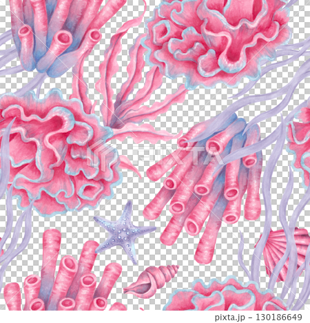 Seamless sea pattern of coral, shell, seaweed with starfish. Watercolor illustrations of underwater animals. Hand drawn isolated art. Tropical ocean atmosphere for fabric, paper, wallpaper, textile. 130186649