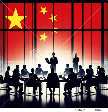 【中国政治・外交】国旗を背景に会談するビジネス/政治家（シルエット風のイラスト） 130186698