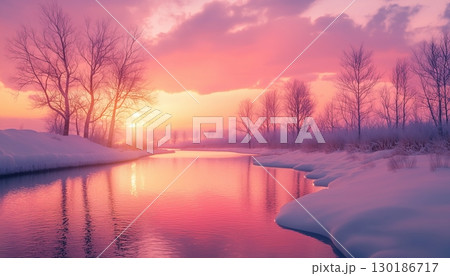 Winter sunset light beauty landscape in river covered snow 130186717