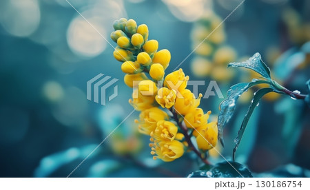 Mahonia beauty flower vibrant blossom petal nature plant blurred dark background 130186754