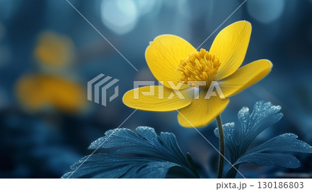 Vibrant winter aconite flower vibrant blossom petal nature plant blurred dark background 130186803