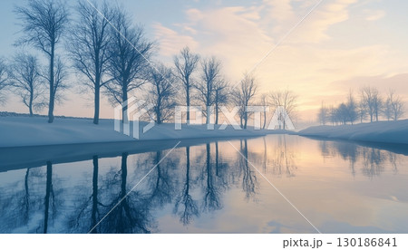 Winter landscape bright sky with river and trees covered by snow 130186841
