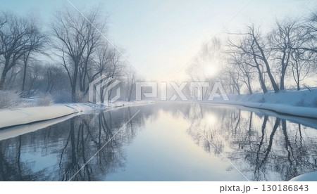 Winter landscape bright sky with river and trees covered by snow 130186843