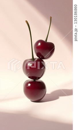 A stack of cherry fruit balancing on top with pink solid background 130186860