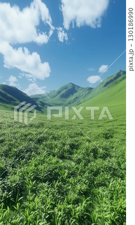 Green grass in hills and blue-sky view, nature outdoor environment story background 130186990