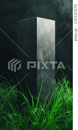 Dark background with shadow and black block stage podium story with grass 130187079