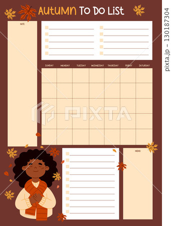 Autumn Planner with Happy Ethnic black Woman with Fall Leaves. Organizer for Calendar Month, To-Do list and Note, memo. Seasonal Vertical flat Template. Vector illustration. Kids collection. Not AI Autumn Planner with Happy Ethnic black Woman with Fall Leaves. Organizer for Calendar Month, To-Do list and Note, memo. Seasonal Vertical flat Template. Vector illustration. Kids collection. Not AI 130187304